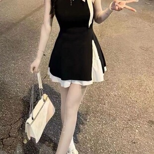 衣服女款春季社会女快手网红同款套装撞色蝴蝶结系带开叉无袖针织