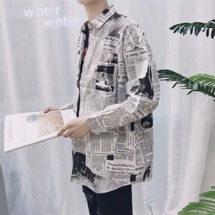 秋季复古港味chic衬衫男长袖韩版修身报纸衣服男潮流休闲帅气衬衣