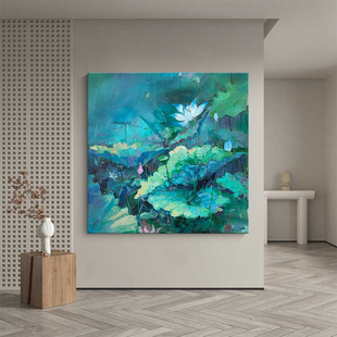 绿色荷花莲叶肌理纯手绘油画意式植物客厅装饰画抽象莫奈餐厅挂画