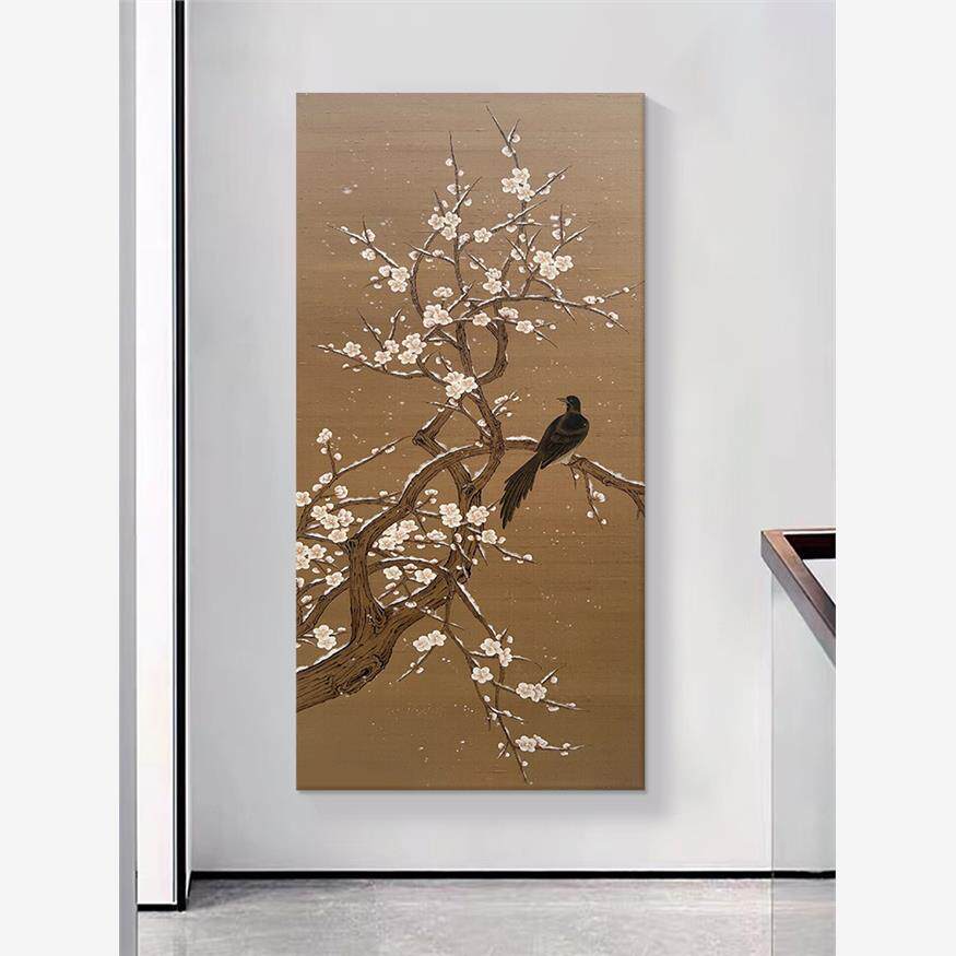 新中式玄关喜气盈门花鸟图手绘油画大芬村梅花喜鹊客厅装饰画挂画