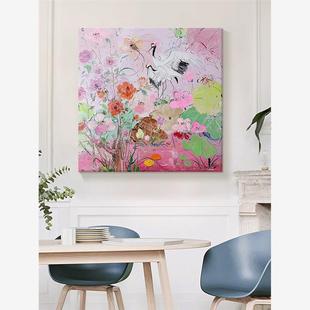 仙鹤呈祥玄关手绘油画抽象花卉立体肌理客厅装饰画国风丹顶鹤挂画