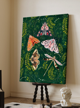 抽象绿色植物装饰画客厅玄关蝴蝶蜻蜓小众手绘油画侘寂风艺术挂画