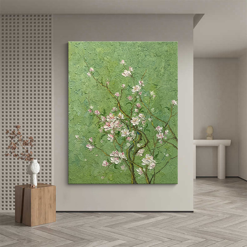 粉色桃花客厅装饰画绿色石英砂纯手绘油画玄关立体花卉厚肌理挂画