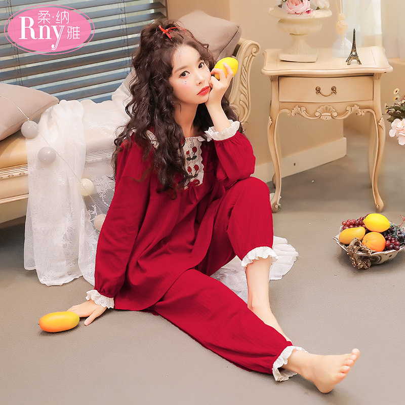 2025年新款纯棉睡衣女春秋套装可爱公主风红色本命年秋冬季家居服