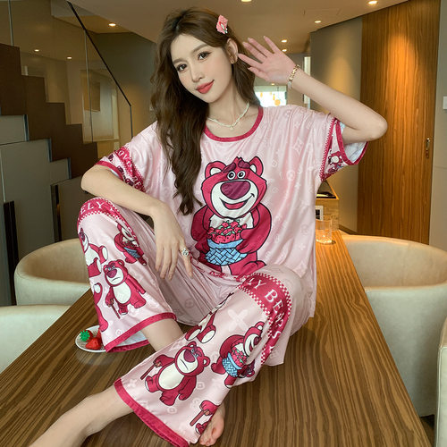 睡衣女莫代尔草莓熊三件套家居服