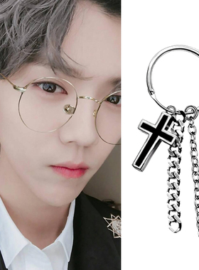 鹿晗跑男同款十字架耳环圆形耳环链条男女百搭简约个性防过敏耳钉