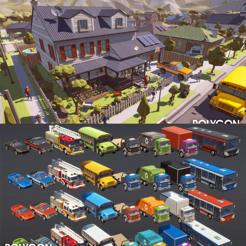 unity3d模型 低多边形LowPoly小镇城镇街道汽车物件建筑场景模型