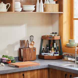 绿朵新中式实木厨房多功能置物架微波炉调料收纳层架筷笼二合一刀