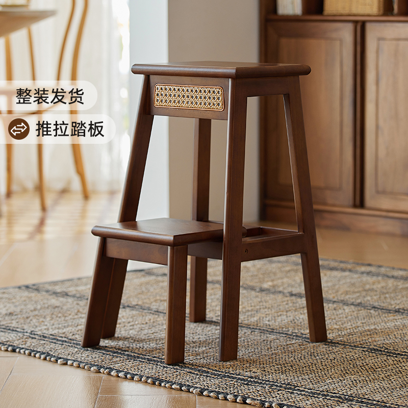 绿朵实木家用梯凳藤编梯子椅子伸缩收纳两用梯室内登高多功能梯子