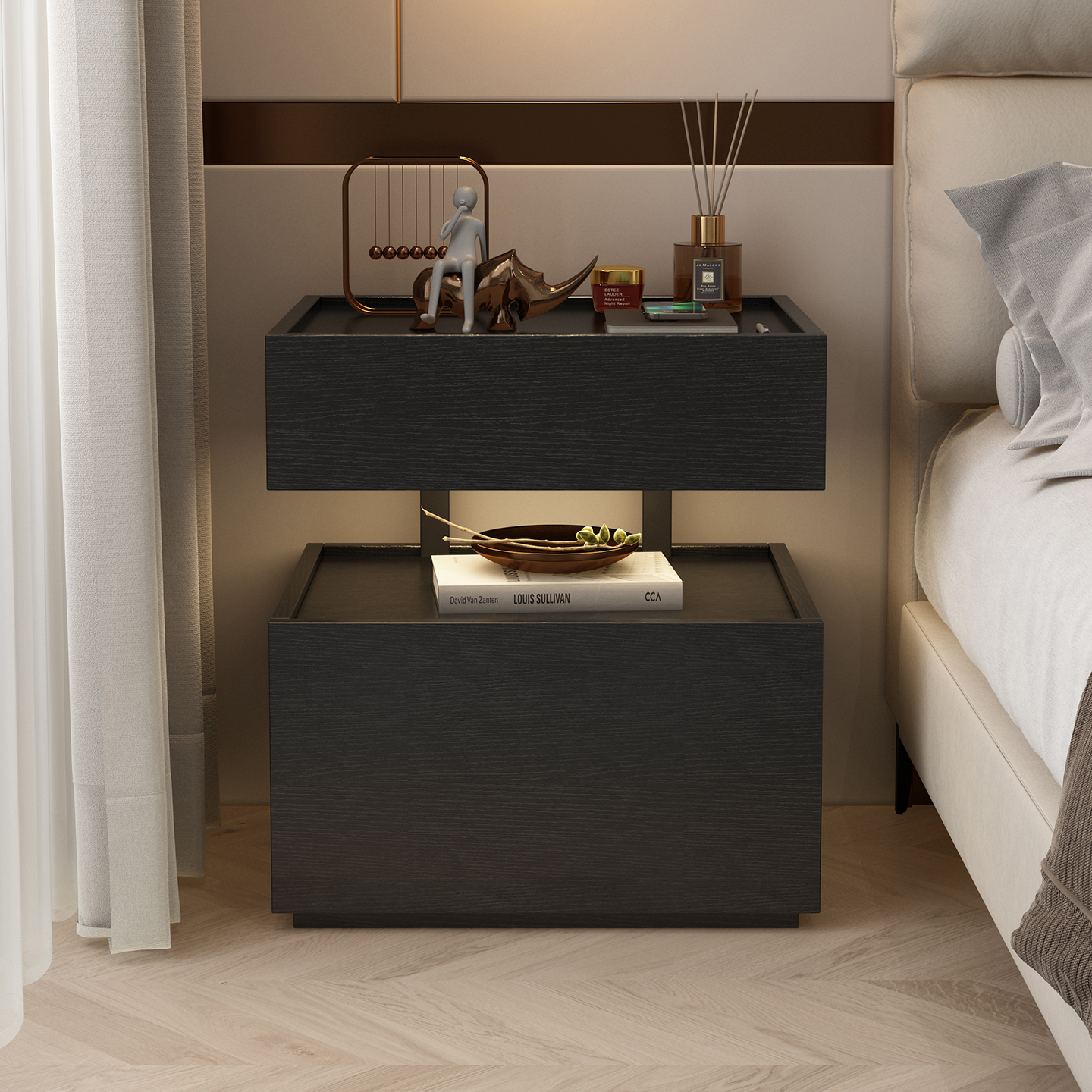 现代简约多层实木床头柜保险柜现代卧室家用收纳柜子储物柜床边柜