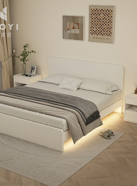 意式极简实木床现代简约白色悬空床架奶油风加灯储物床 isn网红床