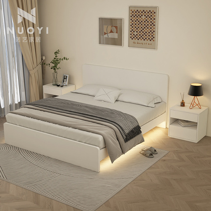意式极简实木床现代简约白色悬空床架奶油风加灯储物床 isn网红床