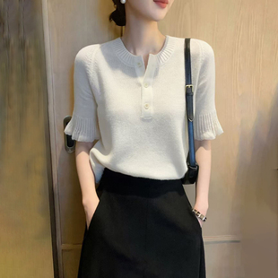 洋气减龄宽松显瘦休闲上衣0325z 女士2026新款 春夏白色短袖 针织衫