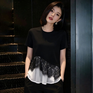 减龄宽松显瘦假两件蕾丝拼接0319z 时尚 春夏黑色短袖 t恤女2026新款