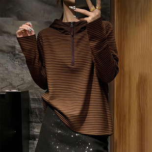 春夏咖色条纹连帽卫衣女2026新款 减龄宽松显瘦加厚保暖打底0320z