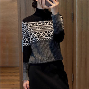 费岛风洋气减龄毛衣提花打底1223e 女秋冬新款 撞色高领长袖 针织衫