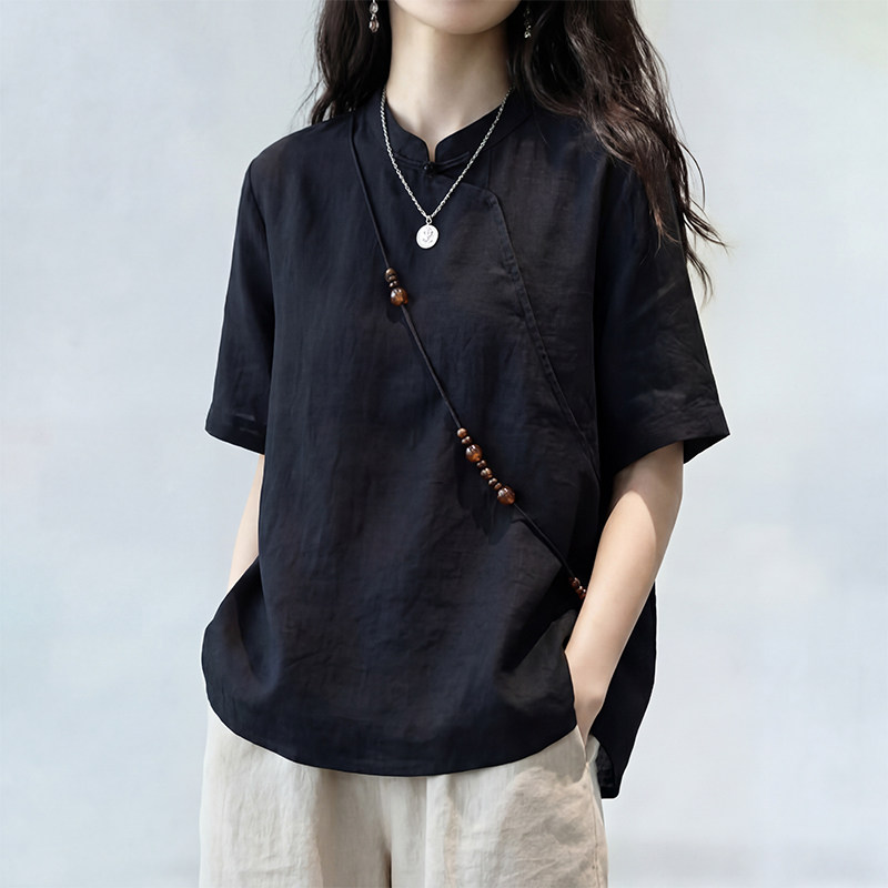新中式风黑色立领短袖衬衫女2026年春夏季新款棉麻宽松禅意上衣