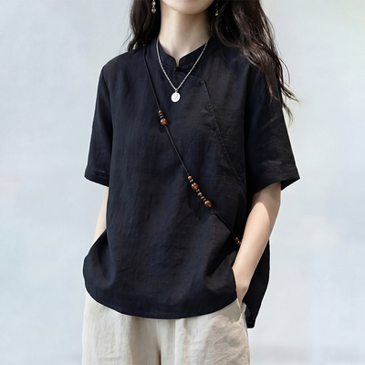 新中式风黑色立领短袖衬衫女2026年春夏季新款棉麻宽松禅意上衣