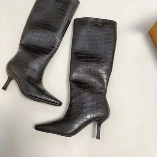 法式鳄鱼纹高筒骑士靴细跟直筒靴子女长筒靴不过膝大筒围裤管长靴