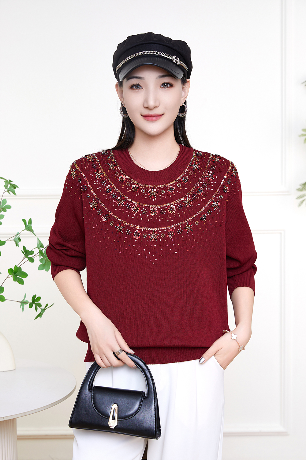 春秋冬新款针织宽松圆领中老年妈妈女装长袖套头短款毛衣时尚气质