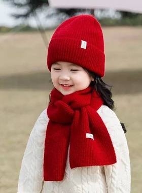 秋冬季儿童帽子围巾套装新年女童针织毛线帽男童圣诞节宝宝保暖