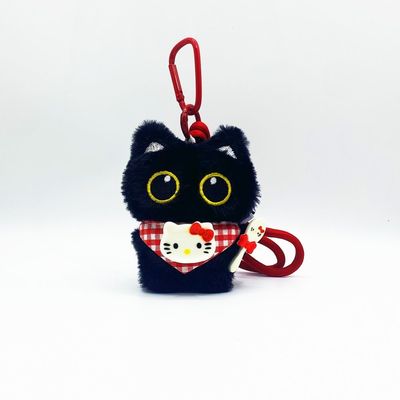 ins红格围兜小黑猫包包小猫挂件可爱超萌毛绒公仔钥匙扣玩偶挂饰