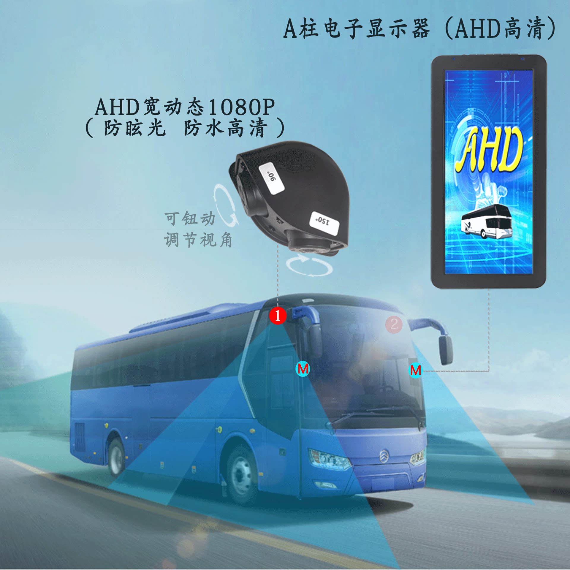 客车电子显示屏后视镜大巴商务旅行车AHD1080高清宽动态防眩光A柱