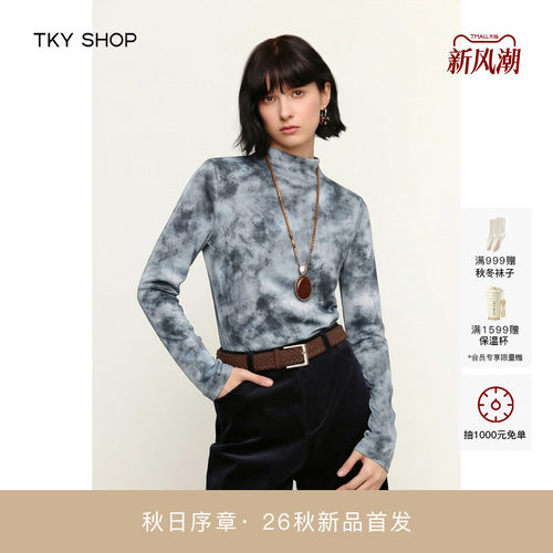 TKYSHOP晕染印花半高领长袖T恤