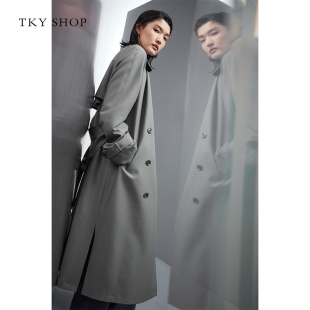 TKY SHOP老钱风灰色长款风衣女通勤简约气质外套系带收腰显瘦大衣