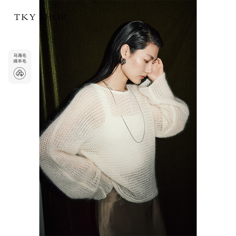 TKY SHOP白色马海毛镂空毛针织衫