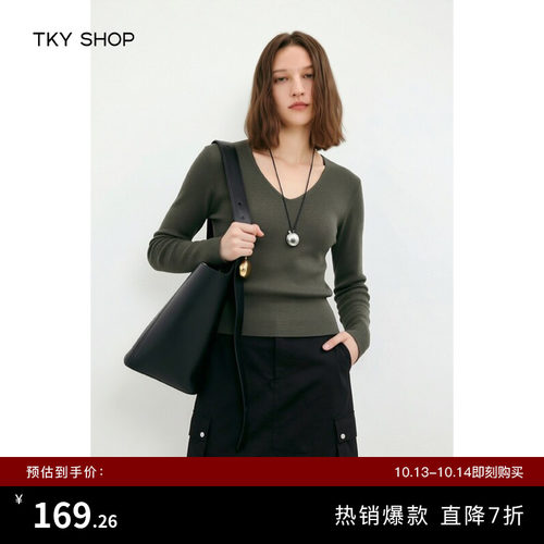 TKYSHOP时髦V领长袖线套衫