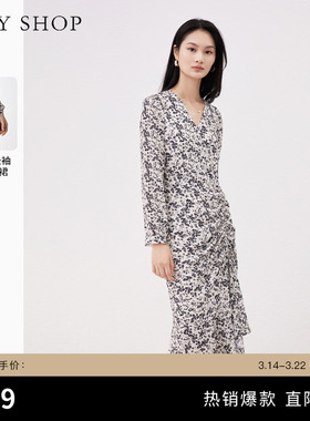 TKY SHOP抽褶V领长袖碎花裙女秋季优雅时尚中长款连衣裙淑女温柔