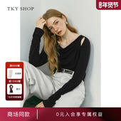 荡领上衣10I1NA03L042 T恤女2025秋新款 商场同款 TKYSHOP黑色长袖