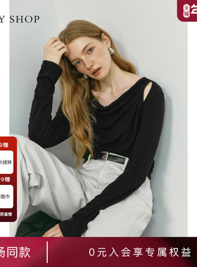 [商场同款]TKYSHOP黑色长袖T恤女2025秋新款荡领上衣10I1NA03L042