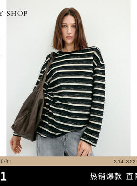 TKY SHOP棉感圆领条纹T恤春新款女宽松休闲长袖上衣简约通勤舒适
