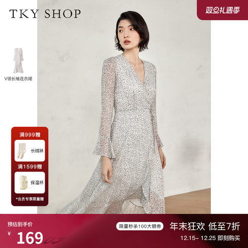 TKYSHOP时尚V领长袖碎花连衣裙