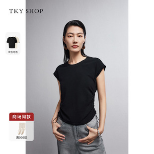 T恤女2025夏新款 SHOP圆领抽褶短款 商场同款 休闲气质薄上衣 TKY