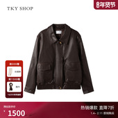 TKY SHOP翻领皮衣外套女2025冬新款 短外套简约酷飒棕咖啡色皮夹克