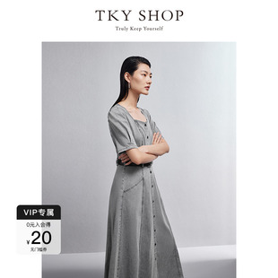 收腰显瘦连衣裙 TKY SHOP方领短袖 复古牛仔长裙春季 新款