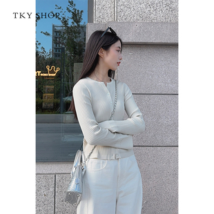 TKY SHOP收腰修身套头毛针织衫女春新款时尚喇叭袖休闲打底上衣