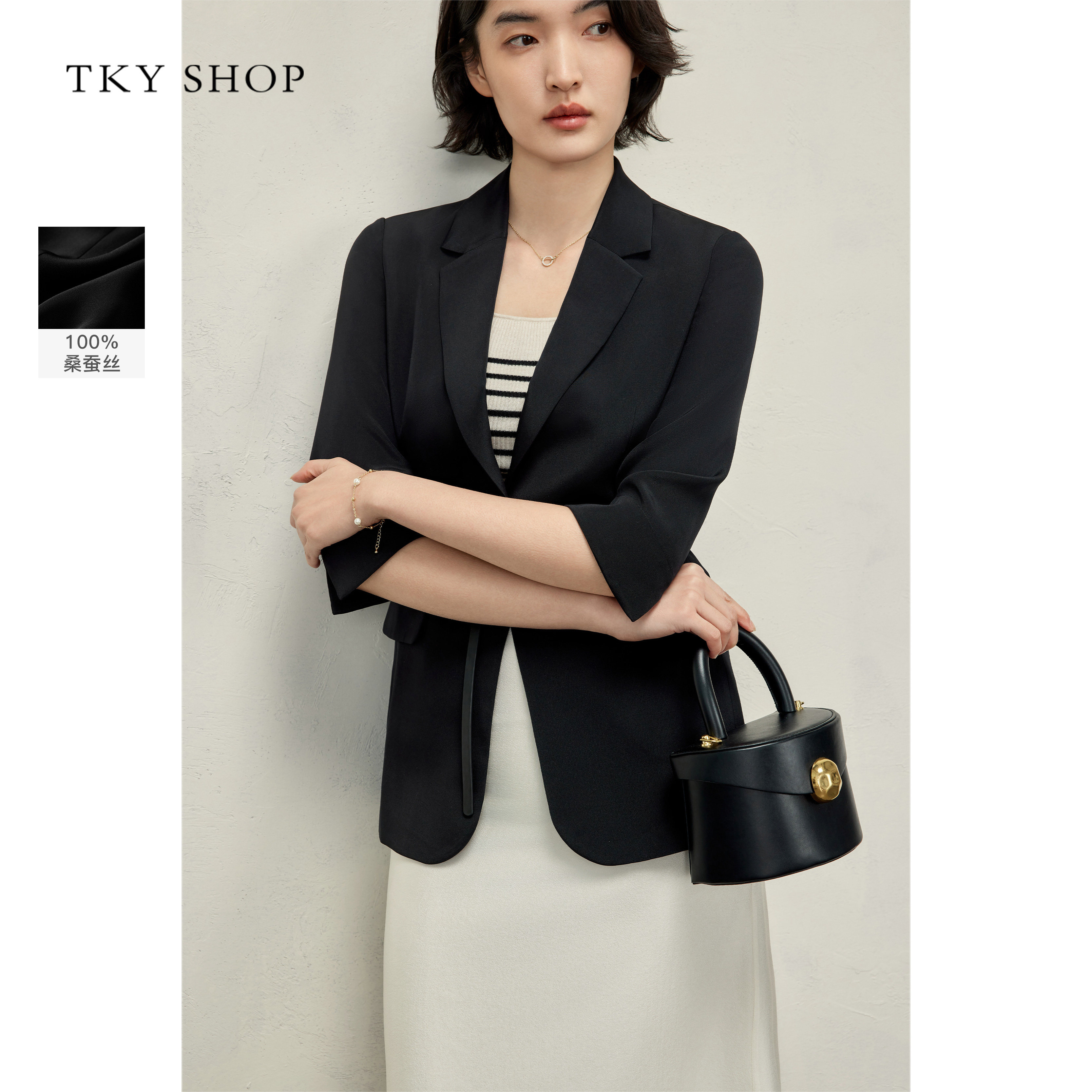 [100%桑蚕丝]TKY SHOP黑色西装外套女秋新款真丝便西轻奢气质西服