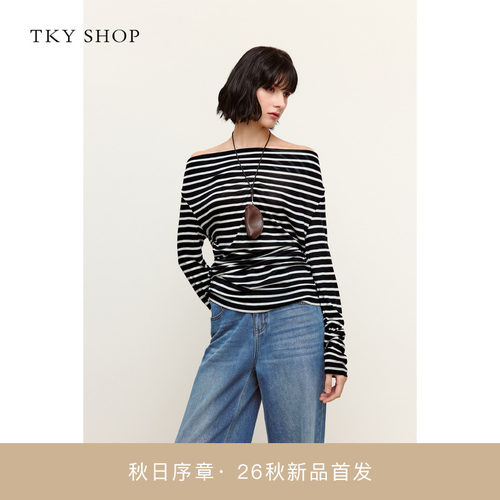 TKYSHOP荡领条纹上衣长袖T恤
