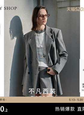 TKY SHOP老钱风灰色西装外套女通勤百搭中长款简约职场气质女装