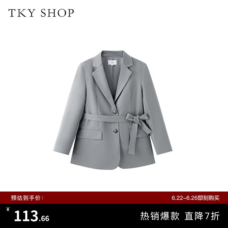 TKY SHOP烟灰色短款西装外套女春夏新款时尚便西设计感收腰系带