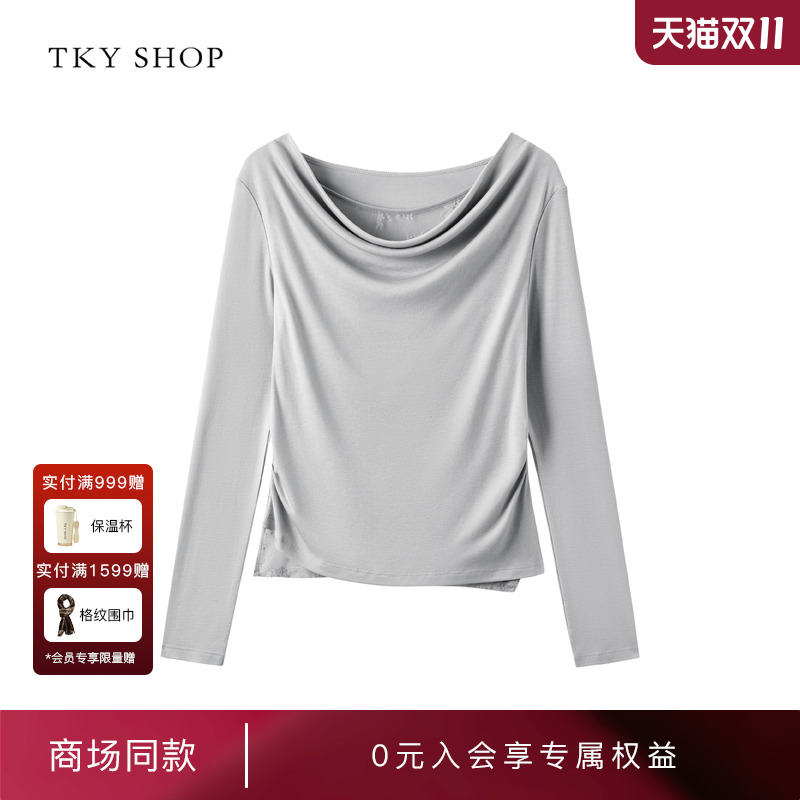 TKYSHOP荡领拼蕾丝长袖T恤