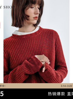 TKY SHOP安可拉红氛围感圆领套头针织衫女冬新款绵羊毛保暖毛衣女