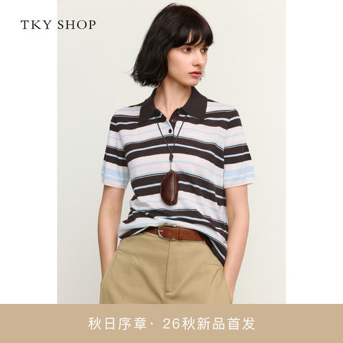 TKYSHOP复古条纹翻领短袖针织衫