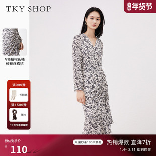 TKY SHOP抽褶V领长袖碎花裙女秋季优雅时尚中长款连衣裙淑女温柔