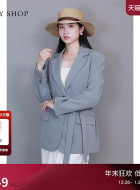 TKY SHOP烟灰色短款西装外套女春夏新款时尚便西设计感收腰系带