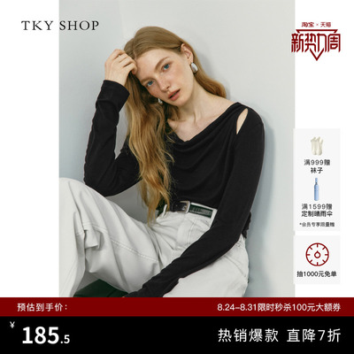 TKYSHOP黑色荡领长袖T恤